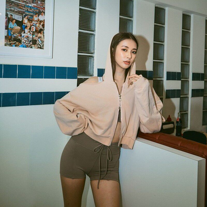辣妹嘻哈短卫衣 双头拉链破烂边性感露肩瑜伽运动外套连帽衫上衣