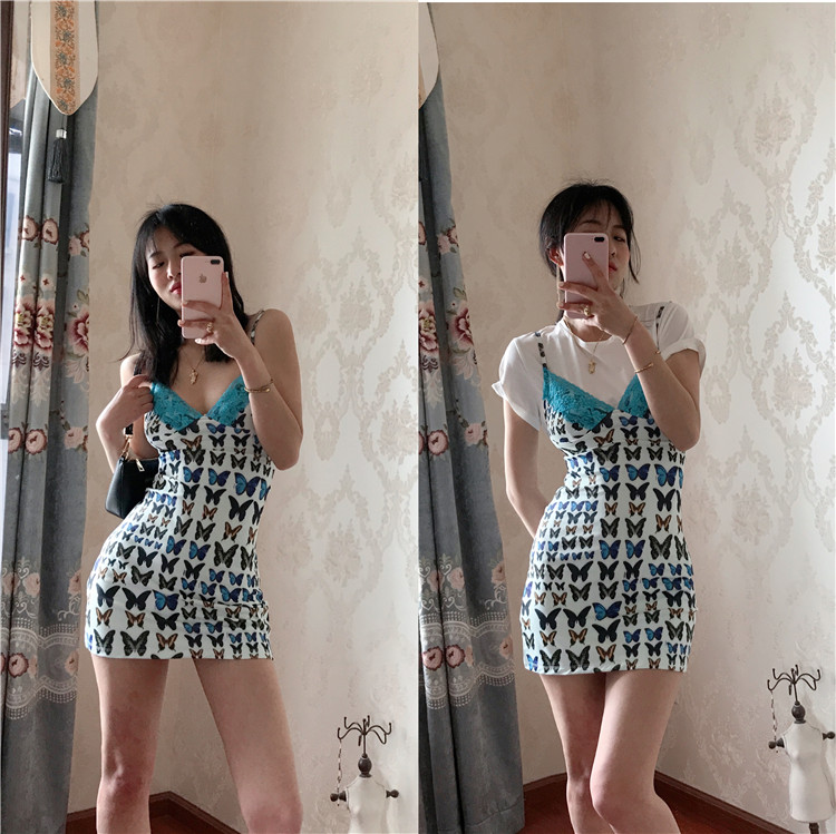 游园小公主欧美辣妹惊艳吊带裙 性感甜美蕾丝背心蝴蝶短款连衣裙