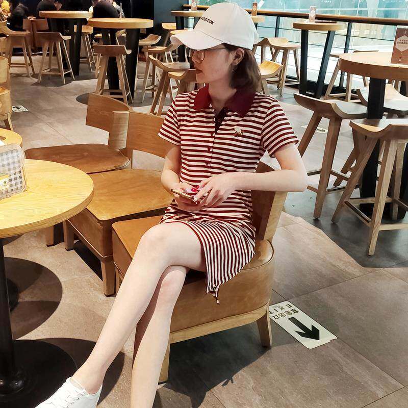 连衣裙女2025夏季新款中长款修身运动休闲翻领a字条纹短袖T恤裙潮