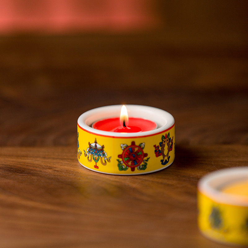 陶瓷小八宝杯酥油粒灯灯座家用烛台佛前供灯长明蜡烛灯八吉祥灯