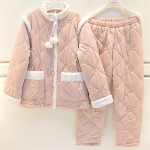 妮可雅冬季女水晶绒蝴蝶结淑女时尚三层加厚夹棉保暖舒适家居服套