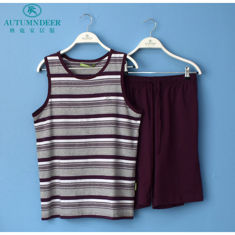 秋鹿睡衣专柜新款春夏季男士针织纯棉条纹背心休闲五分裤男薄套装