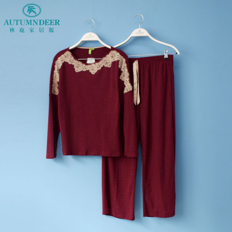 秋鹿睡衣专柜秋季新品女士莫代尔羊毛时尚奢华长袖九分裤女家居服