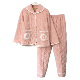 秋鹿睡衣新款冬季女士贝贝绒单面夹棉翻领素色可爱保暖家居服套装
