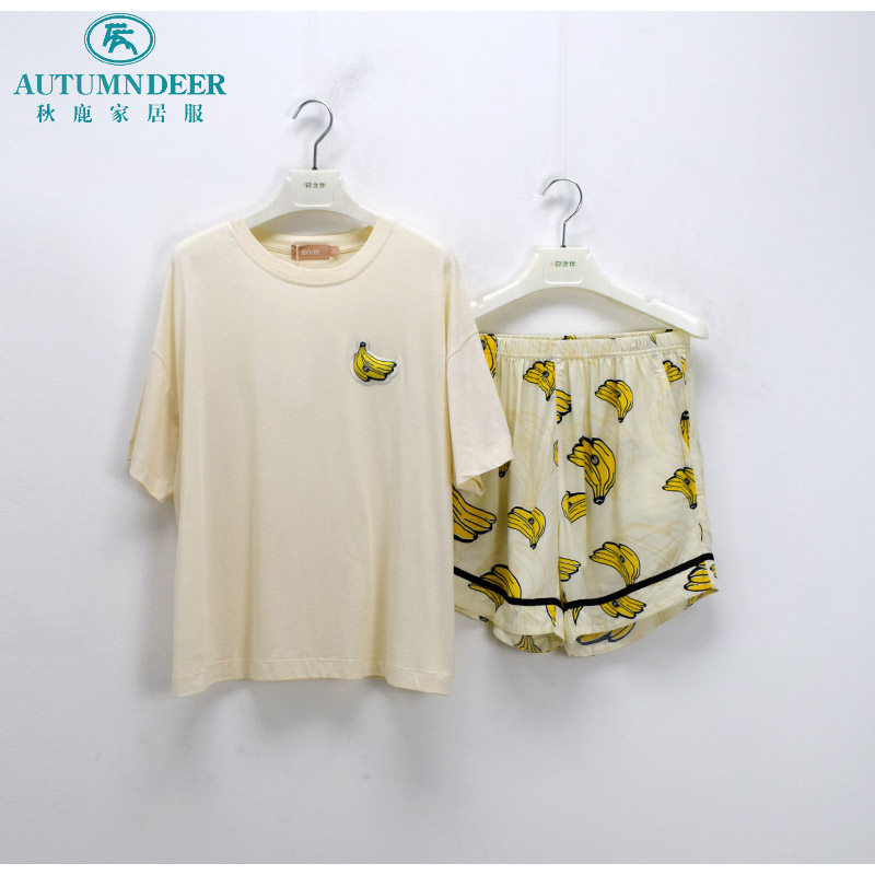 秋鹿简诗睡衣夏季女梭织人棉印花圆领卡通时尚透气短袖短裤家居服,女士内衣/男士内衣/家居服,睡衣/家居服套装,淘宝优惠券,粉丝福利购,淘宝优惠卷
