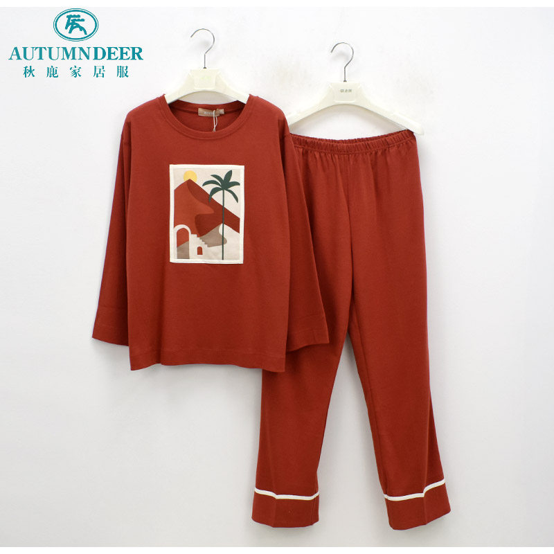 秋鹿简诗睡衣2021秋季女士时尚简约纯棉针织大方长袖套头家居服套