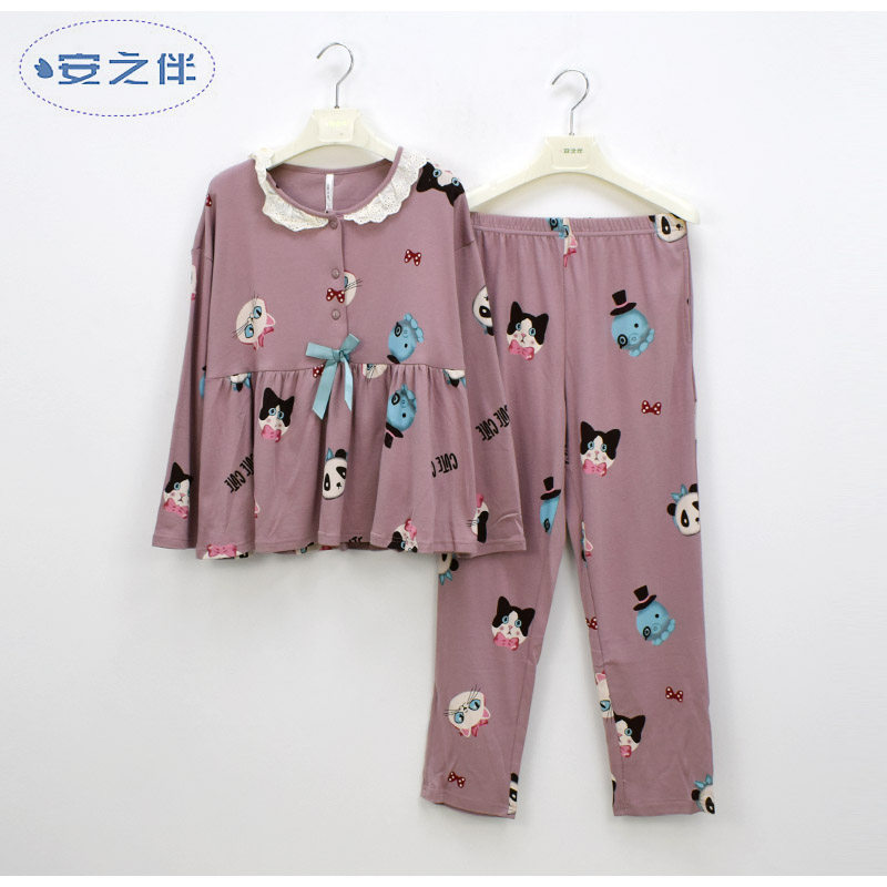 2021安之伴睡衣秋季女士纯棉针织卡通可爱棉质长袖女家居服套装