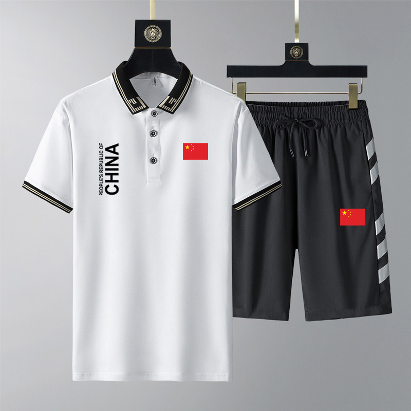 中国队China运动套装男女夏季翻领短袖POLO衫短裤跑步健身教练服