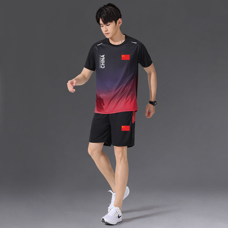 中国队China运动服套装男跑步短袖夏季速干衣篮球服羽毛健身衣服