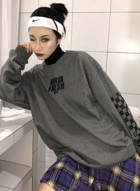 NFG高街oversize情侣棋盘格子黑灰色宽松印花圆领套头卫衣刘耀文