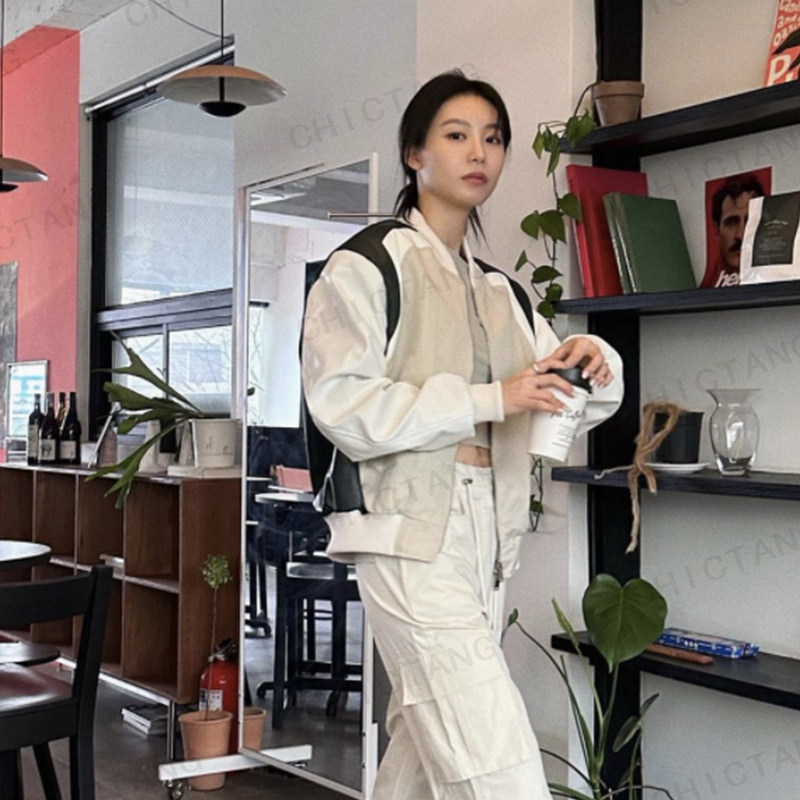 chictang2024春韩系休闲拼色宽松拉链拼接夹克外套上衣女恭陆