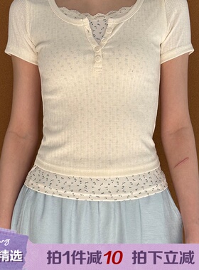 Chictang韩系甜美蕾丝边碎花半开领叠穿假两件短袖T恤女迈呐K0331