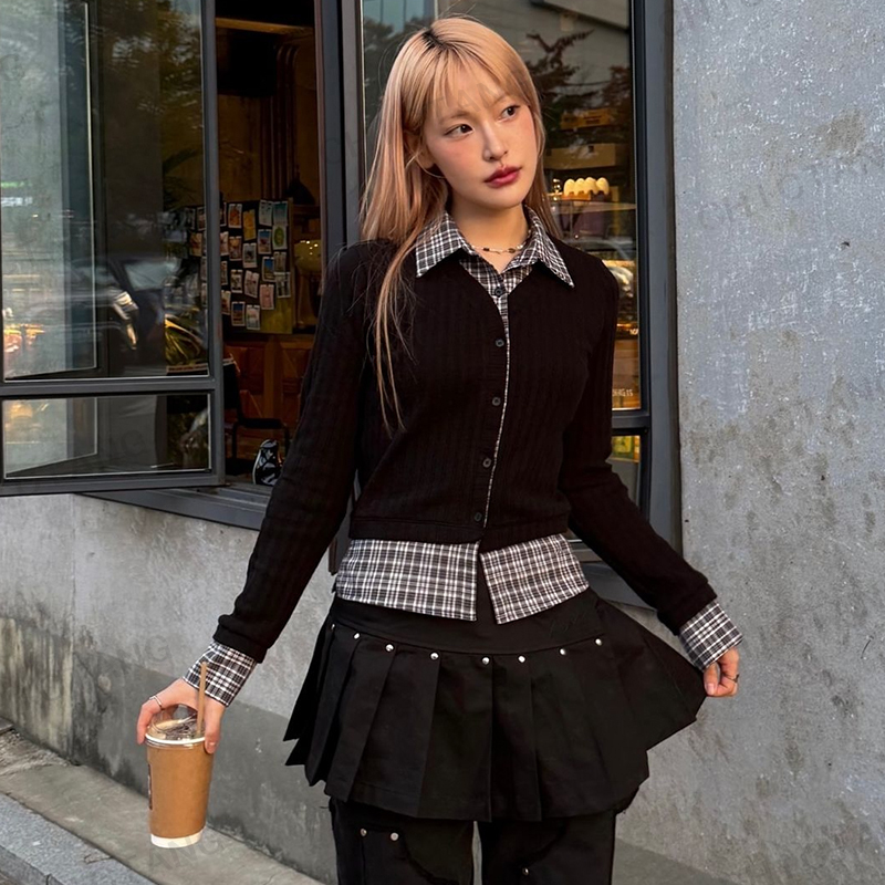 Chictang韩系休闲格纹假两件格子衬衫女黑色针织开衫上衣春恭壹D