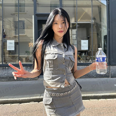 chictang2024夏韩系休闲灰色翻领修身单排扣牛仔背心上衣女恭贰北