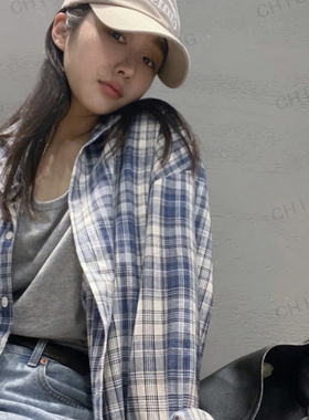 chictang藏蓝色高端格子衬衫复古港风衬衣薄款开衫外套女秋鑫伍