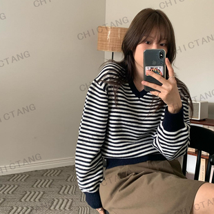 Chictang韩系黑白横细条纹V领针织衫女休闲舒适慵懒风毛衣恭呐B玖