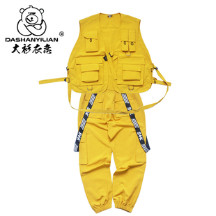 套装 滑板裤 街舞演出团队定制 衣恋街头潮男战术马甲大口袋工装 大衫