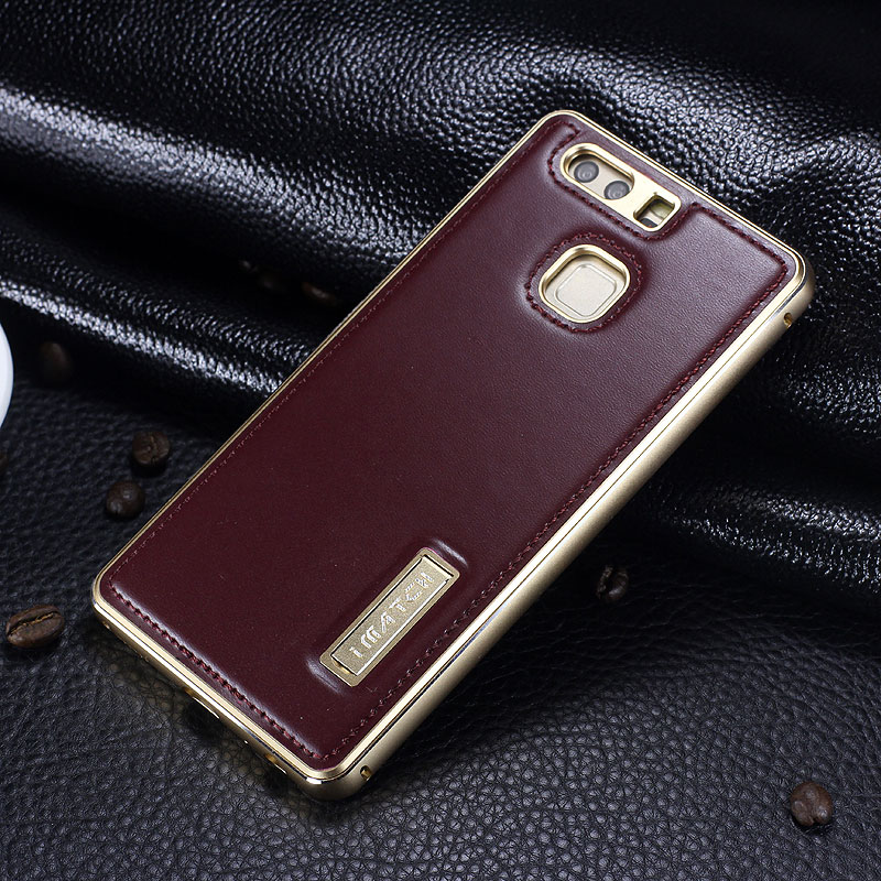 iMatch Luxury Aluminum Metal Bumper Premium Genuine Leather Back Cover Case for Huawei P9 Plus & Huawei P9