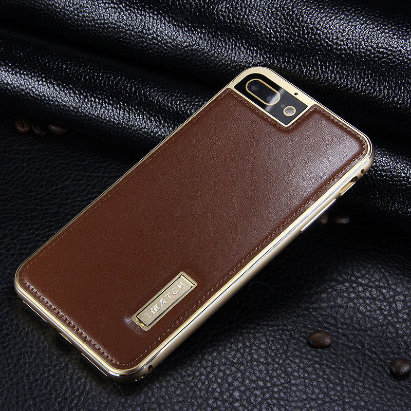 iMatch Luxury Aluminum Metal Bumper Premium Genuine Leather Back Cover Case for Apple iPhone 7 Plus & iPhone 7