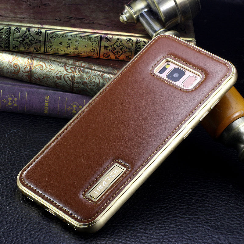 iMatch Luxury Aluminum Metal Bumper Premium Genuine Leather Back Cover Case for Samsung Galaxy S8 Plus/S8