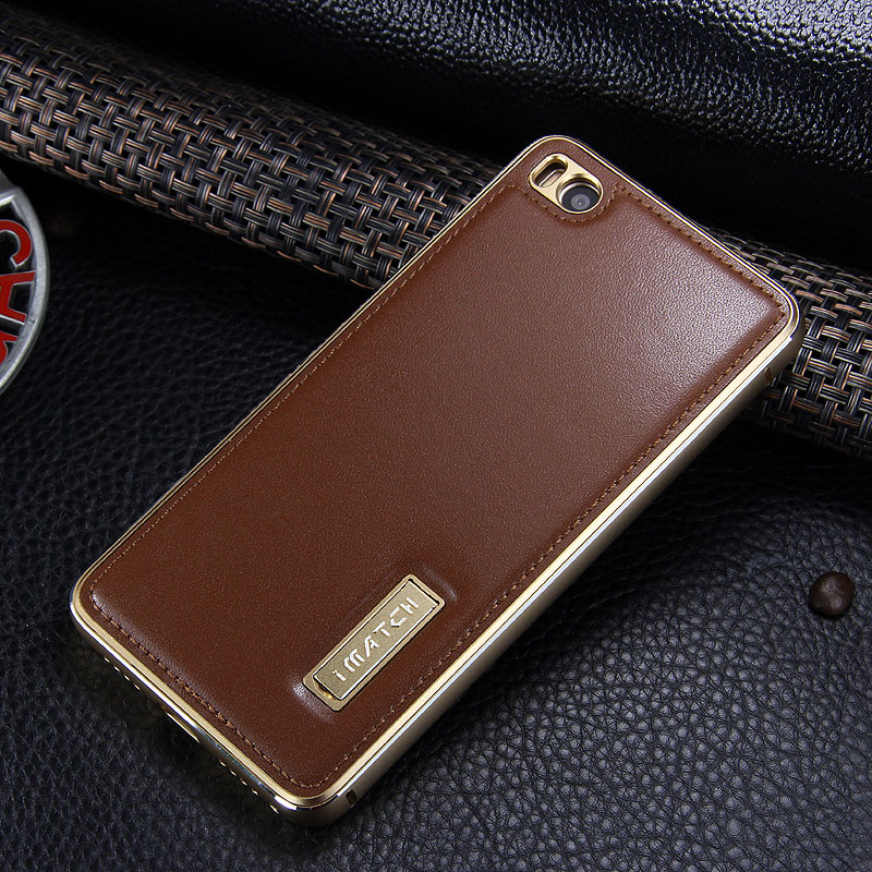 iMatch Luxury Aluminum Metal Bumper Premium Genuine Leather Back Cover Case for Xiaomi Mi 5