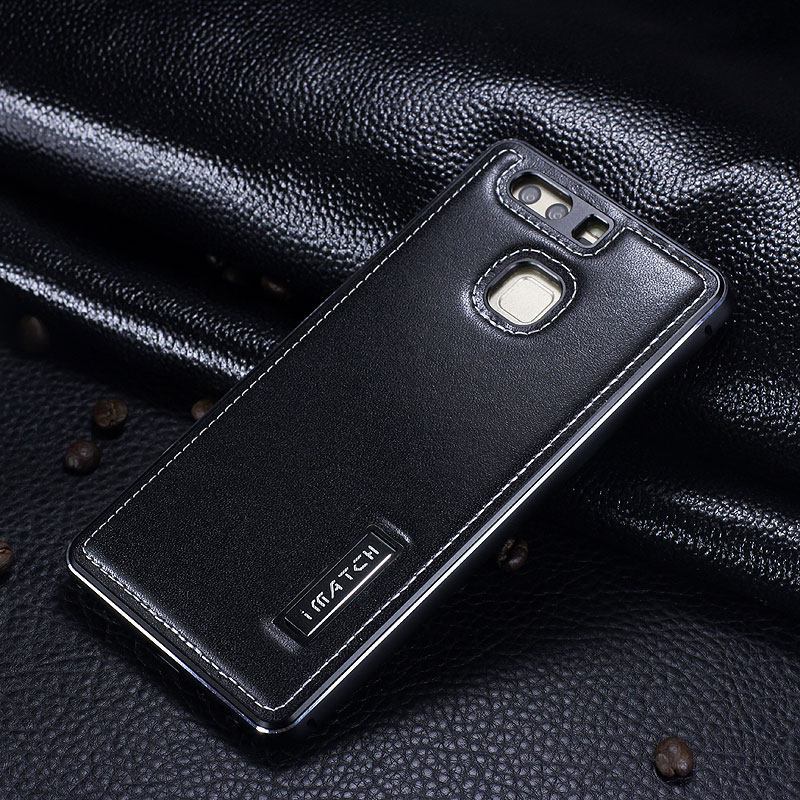 iMatch Luxury Aluminum Metal Bumper Premium Genuine Leather Back Cover Case for Huawei P9 Plus & Huawei P9