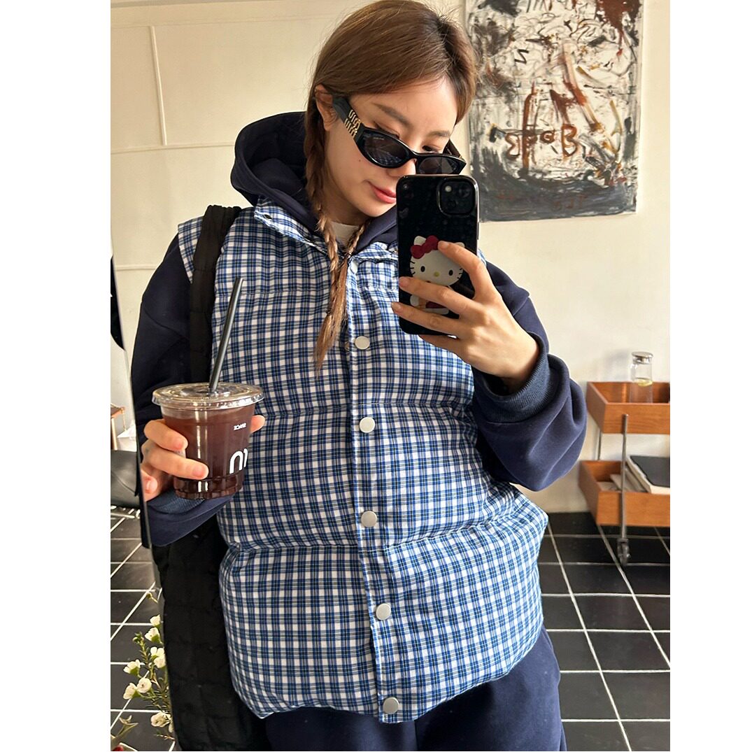 原版做工原版面料宋正恩蓝色格子马甲背心无袖外搭马夹外套女冬季