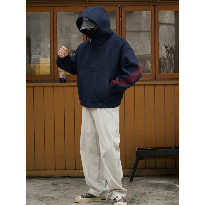 日系复古撞色织带条纹卫衣cleanfit开衫连帽衫潮百搭外套男秋冬装