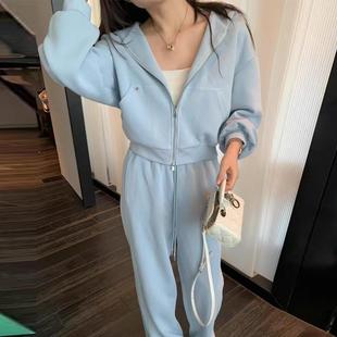 短款 李允珍运动套装 连帽蓝色卫衣两件套针织开衫 女款 外套 2025新款