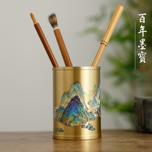铜艺烫画笔筒千里江山文房小笔筒清新毛笔筒收纳筒桌面国画中式茶室办公室桌面摆件文房四宝配件高级感送老师