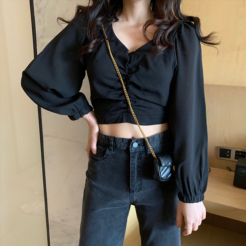 衬衫女设计感小众2019秋新款chic韩版长袖泡泡袖短款黑色显瘦上衣限1000张券