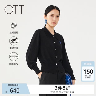 外套女装 OTT秋季 复古黑色羊毛针织衫 款 POLO领毛织开衫