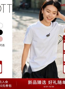 OTT2026夏季女装新款猫咪图案印花圆领短袖女t恤通勤休闲白色上衣