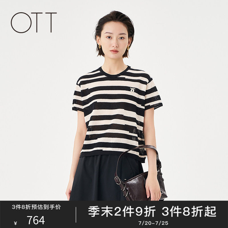 OTT【商场同款】2025夏季新款条纹套头短袖针织衫女轻薄毛织上衣 - 实物图
