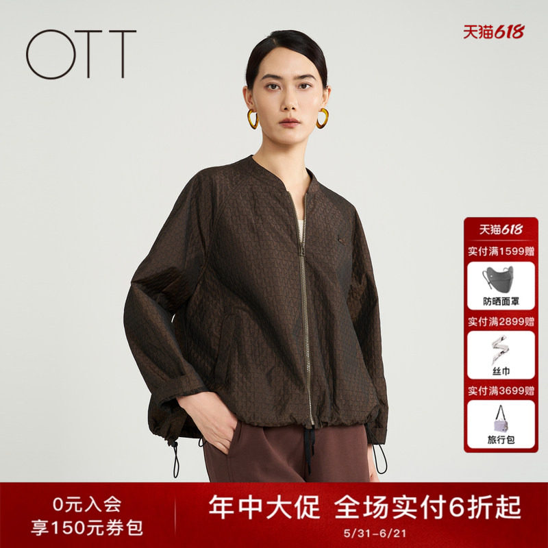 OTT春秋新款A型宽松绣花短款夹克女棒球领休闲抽绳简约短外套上衣