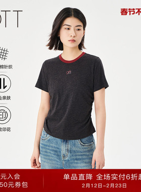 OTT2025夏季新款撞色圆领正肩T恤女修身收腰短袖天丝棉印花上衣