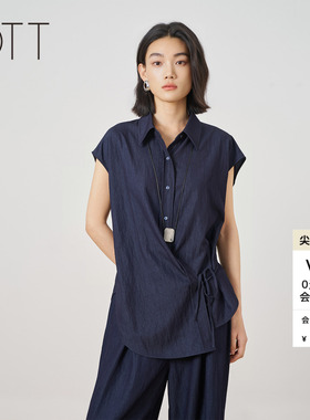OTT2026夏季新款无袖翻领衬衫女藏蓝色侧边系带宽松显瘦休闲上衣