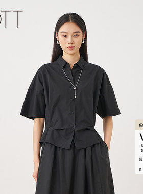 夏季黑色纯棉短袖翻领衬衫女通勤