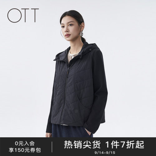OTT黑色连帽拉链拼接设计棉服
