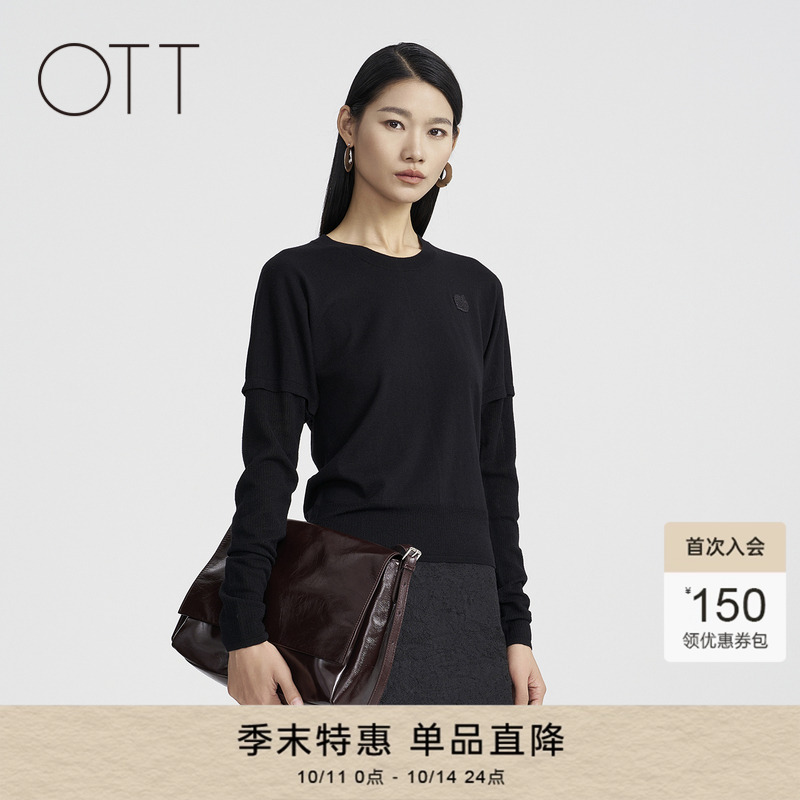 OTT春秋新款黑色蝙蝠袖套头针织衫女宽松短款羊毛衫简约打底衫