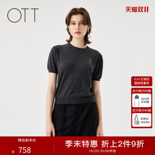 OTT山羊绒毛织套头衫冬季新品宽松H型喜字女短款泡泡袖针织衫