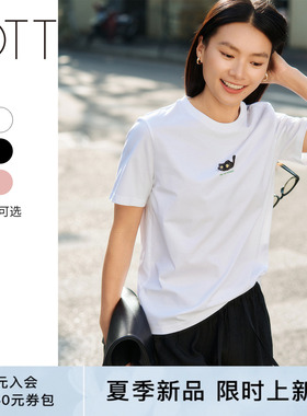 OTT2026夏季女装新款猫咪图案印花圆领短袖女t恤通勤休闲白色上衣