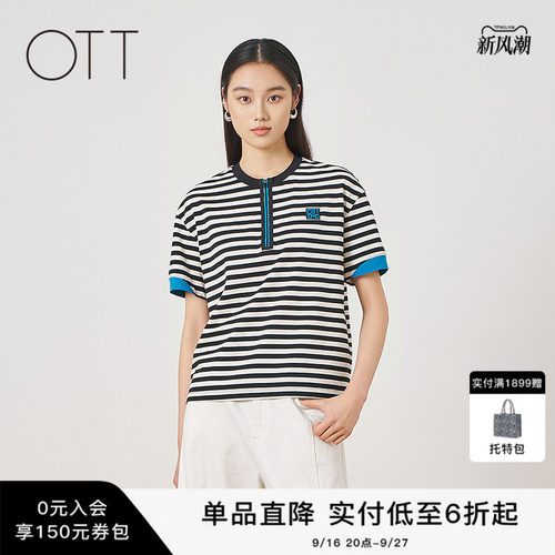 OTT纯棉条纹短袖T恤半开襟上衣