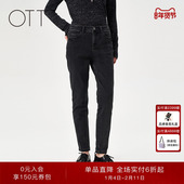 新品 修身 牛仔瘦腿裤 OTT2025冬季 女黑色百搭锥形裤
