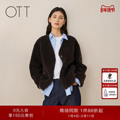 OTT 无领女士宽松上衣绵羊毛休闲短外套 新品 商场同款 2025冬季