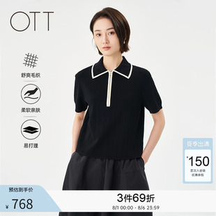 针织衫 OTT2025夏季 女黑色短袖 新款 上衣 POLO领半开襟毛织套头衫