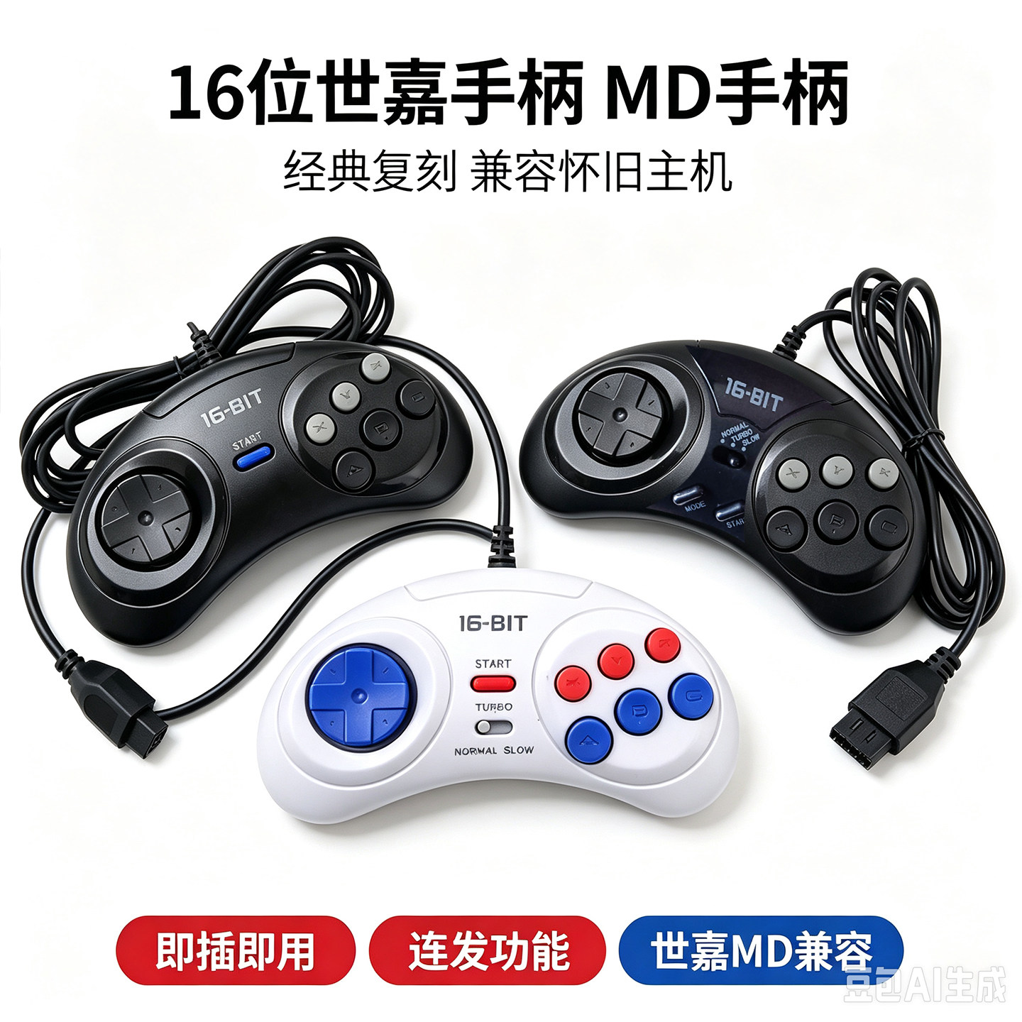 16位世嘉MD手柄经典复刻即插即用连发功能兼容怀旧世嘉游戏机手柄
