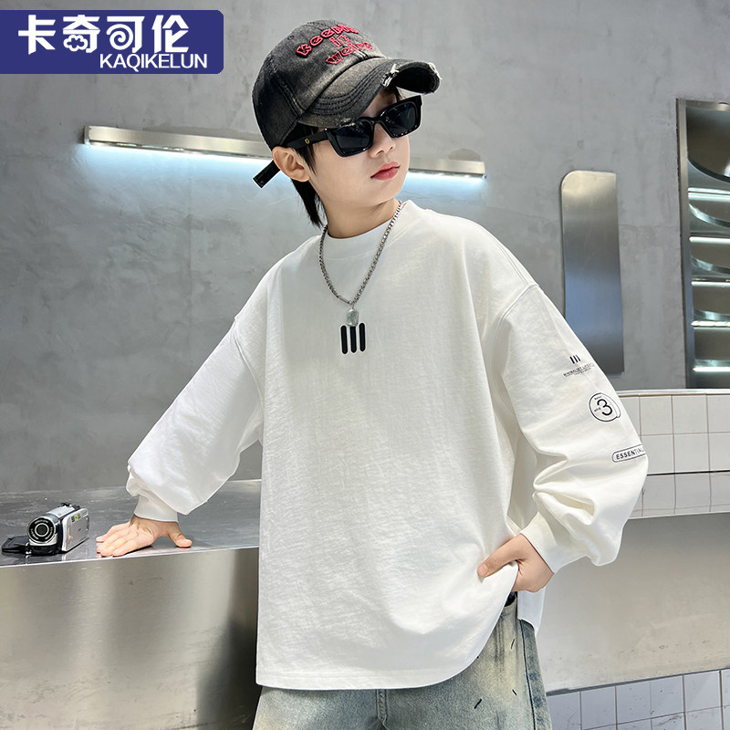 儿童长袖t恤2026春装新款大童纯棉衣服男童白色上衣帅气童装时髦