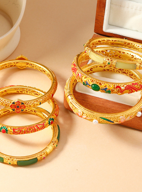 古法沙金色雕花景泰蓝手镯宫廷风花丝镂空细镯子高级感婚嫁送礼女