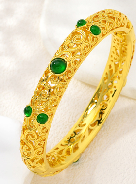 新款古法金工艺双层镂空冰玉鎏金手镯复古民族风传统开口手镯首饰
